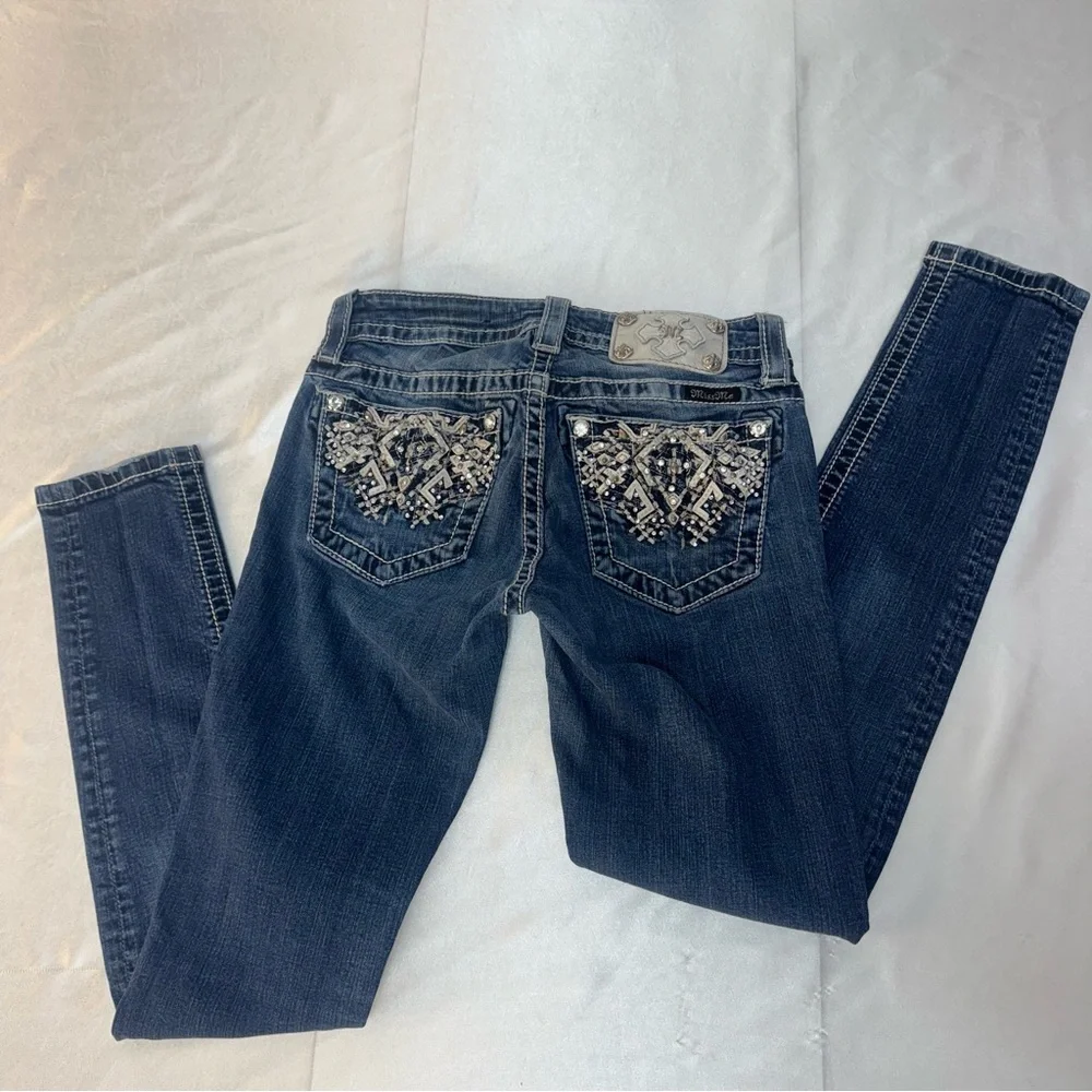 Miss Me Women's Ankle Mid Rise Skinny Rhinestones Embellished Denim Blue Jeans - Picture 2 of 11
